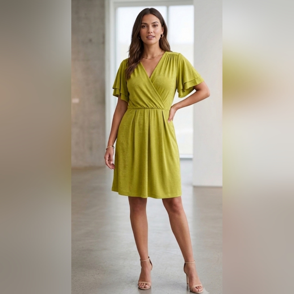 Calvin Klein Chartreuse Yellow Green Faux Wrap Dress Flutter Sleeve L